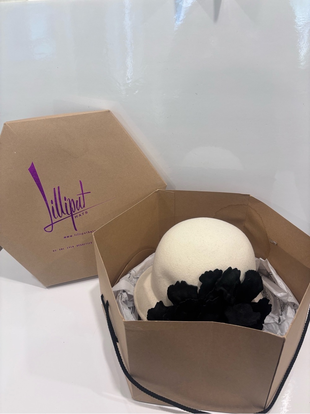 Lilliput hats ivory wool felt cloche hat black floral appliqué Canada w box